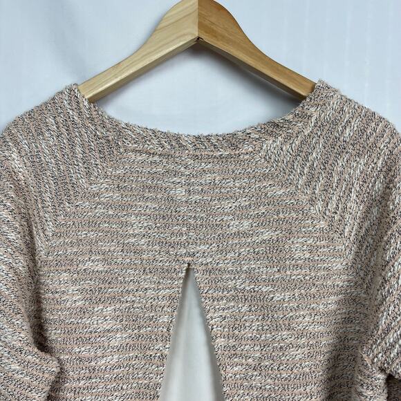 Loft Split Back Tweedy Striped Sweater XL Blush Pink Gray Marled Knit - Picture 6 of 12